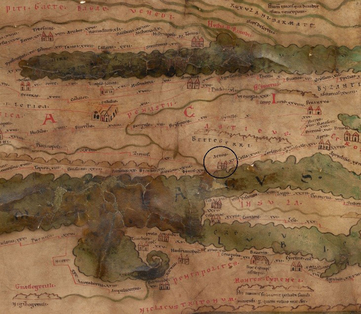 Ainos à l’embouchure du fleuve Hèbre sur la Tabula Peutingeriana, Codex Vindobonensis 324