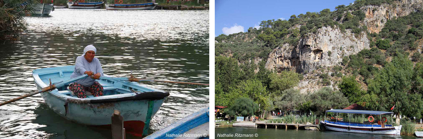 De gauche à droite : Sur le Dalyan (antique Kalbis) ; Le Dalyan (antique Kalbis) près du site de Kaunos.